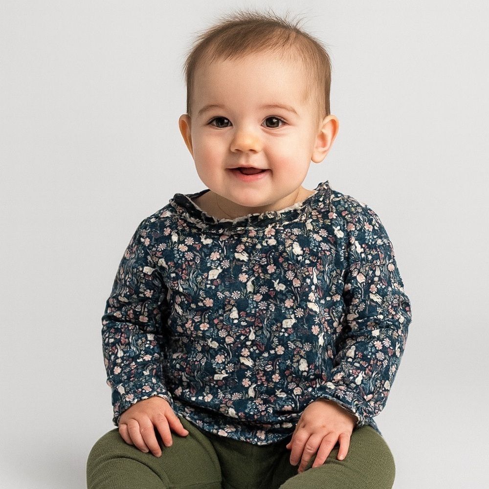 H&M Baby Girl Rabbit Flower Long Sleeve Shirt 9 Blue Pink Months